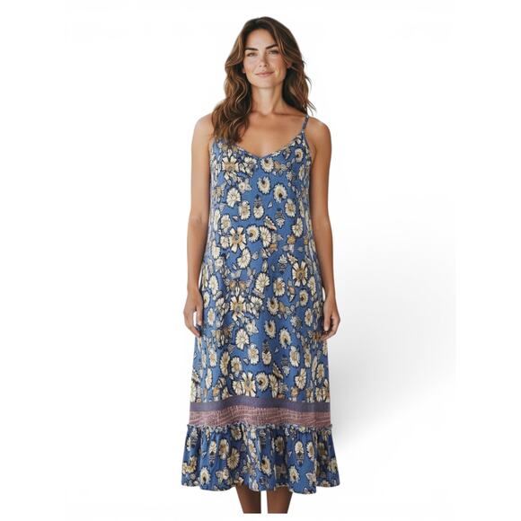 Chelsea & Violet Dresses & Skirts - Chelsea & Violet Floral Boho Ruffle Hem Slip Dress Blue Yellow Summer Size Large